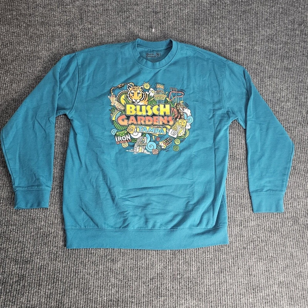 Busch Gardens Sweatshirt Mens XL Blue Tampa Theme Park Graphic Crewneck Fleece